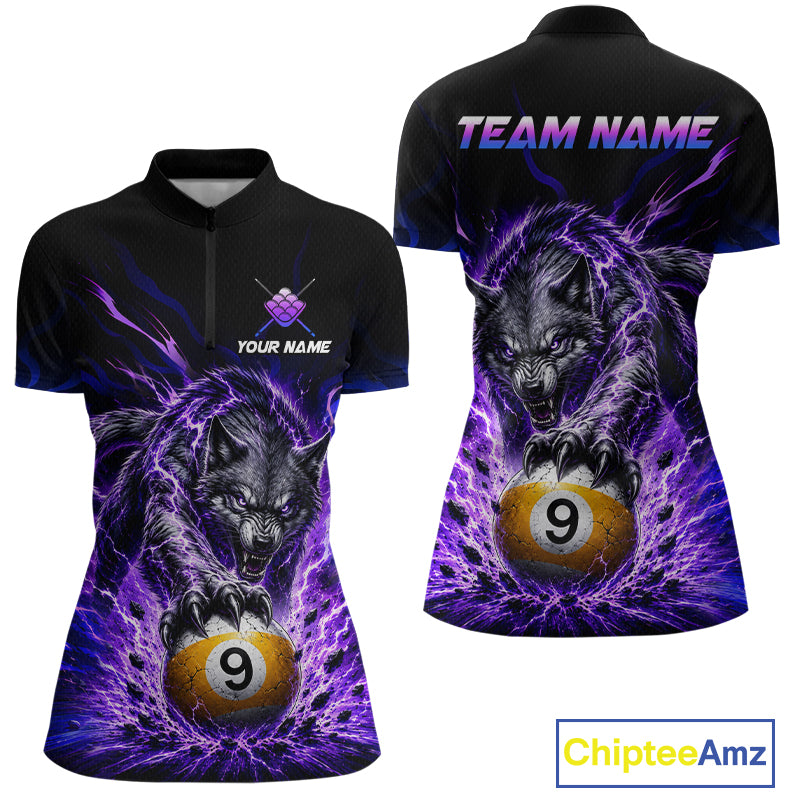 Custom Purple Thunder Wolf 9 Ball Billiard Shirts for Women Billiard Team Polo & 1/4 Zip NNT307