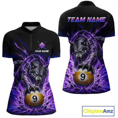 Custom Purple Thunder Wolf 9 Ball Billiard Shirts for Women Billiard Team Polo & 1/4 Zip NNT307