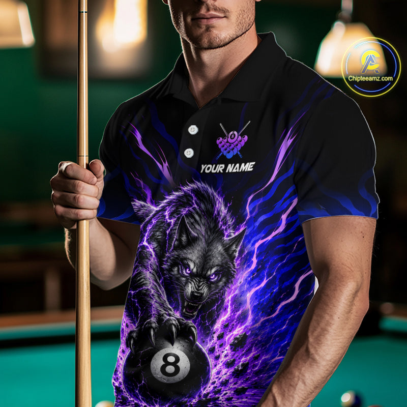 Purple Thunder Wolf 8 Ball Custom Billiard Shirts for Men Billiard Team Polo & 1/4 Zip NNT308