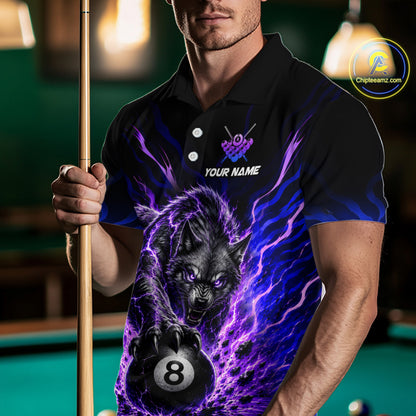 Purple Thunder Wolf 8 Ball Custom Billiard Shirts for Men Billiard Team Polo & 1/4 Zip NNT308