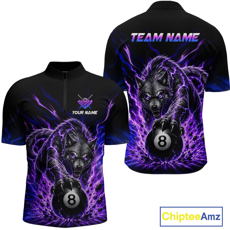 Purple Thunder Wolf 8 Ball Custom Billiard Shirts for Men Billiard Team Polo & 1/4 Zip NNT308