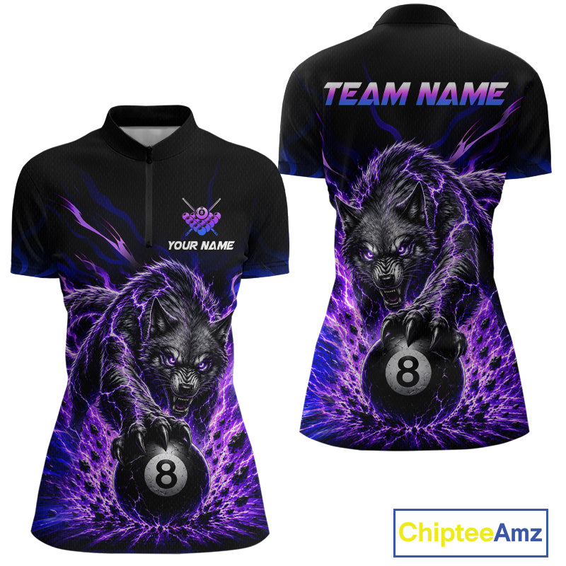 Purple Thunder Wolf 8 Ball Custom Billiard Shirts for Women Billiard Team Polo & 1/4 Zip NNT308