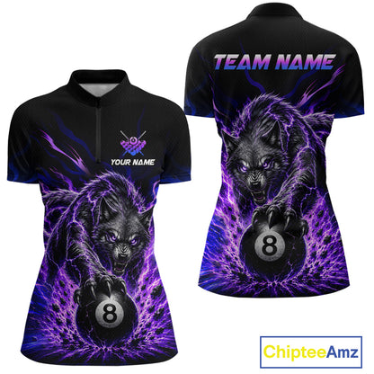 Purple Thunder Wolf 8 Ball Custom Billiard Shirts for Women Billiard Team Polo & 1/4 Zip NNT308