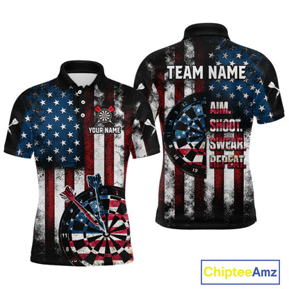 Custom US Flag Aim Shoot Swear Repeat Dart Team Shirts for Men Patriotic Dartboard Shirt NNT358