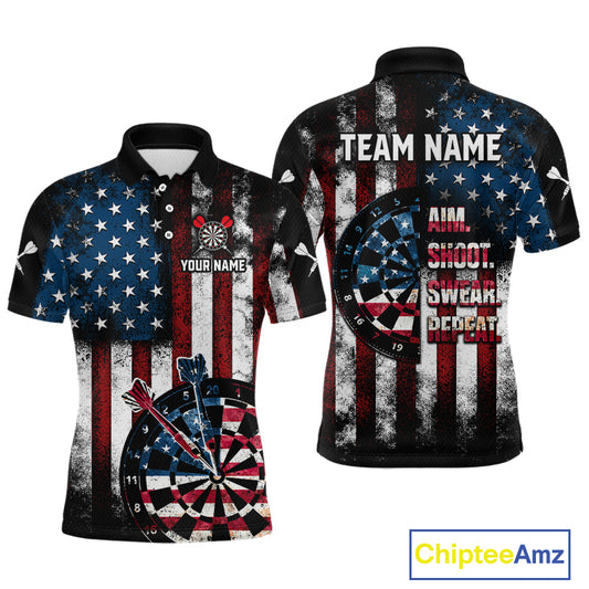 Custom US Flag Aim Shoot Swear Repeat Dart Team Shirts for Men Patriotic Dartboard Shirt NNT358