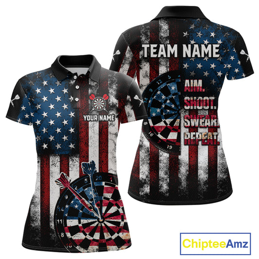 Custom US Flag Aim Shoot Swear Repeat Dart Team Shirts for Women Patriotic Dartboard Shirt NNT358