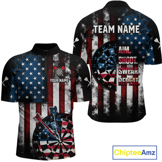 Custom US Flag Aim Shoot Swear Repeat Dart Team Shirts for Men Patriotic Dartboard Shirt NNT358