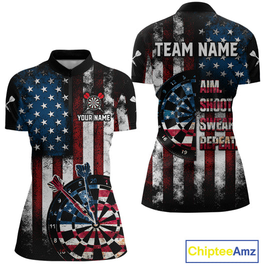 Custom US Flag Aim Shoot Swear Repeat Dart Team Shirts for Women Patriotic Dartboard Shirt NNT358