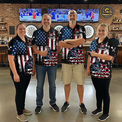 Custom US Flag Aim Shoot Swear Repeat Dart Team Shirts for Men Patriotic Dartboard Shirt NNT358
