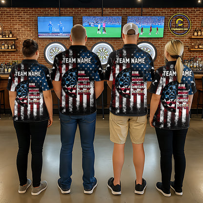 Custom US Flag Aim Shoot Swear Repeat Dart Team Shirts for Men Patriotic Dartboard Shirt NNT358