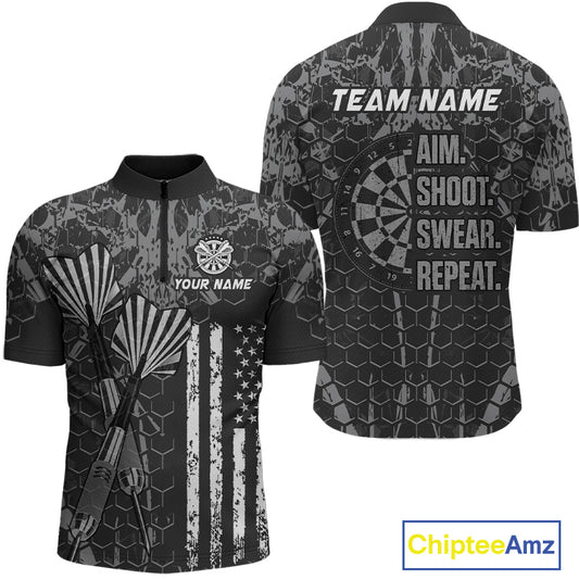 Custom American Flag Aim Shoot Swear Repeat Dart Team Shirts for Men Dart League Shirt NNT359