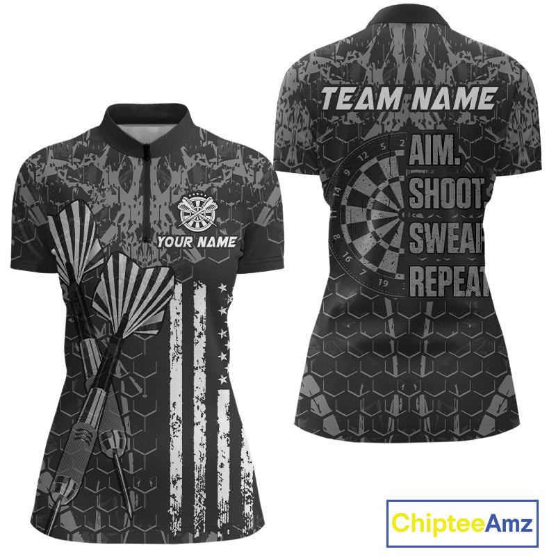 Custom American Flag Aim Shoot Swear Repeat Dart Team Shirts for Women Dart League Shirt NNT359