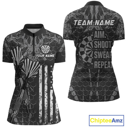 Custom American Flag Aim Shoot Swear Repeat Dart Team Shirts for Women Dart League Shirt NNT359