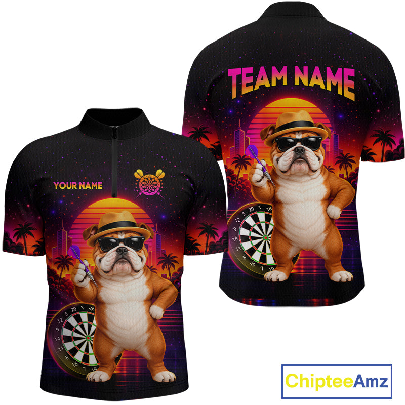 Custom Neon Funny Bulldog Darts Team Jersey Dart Shirts for Men Dart League Polo & 1/4Zip NNT363
