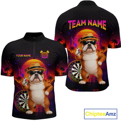 Custom Neon Funny Bulldog Darts Team Jersey Dart Shirts for Men Dart League Polo & 1/4Zip NNT363