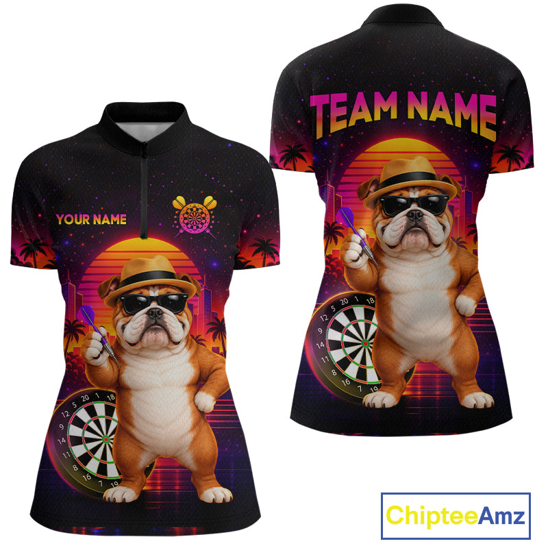 Custom Neon Funny Bulldog Darts Team Jersey Dart Shirts for Women Dart League Polo & 1/4Zip NNT363