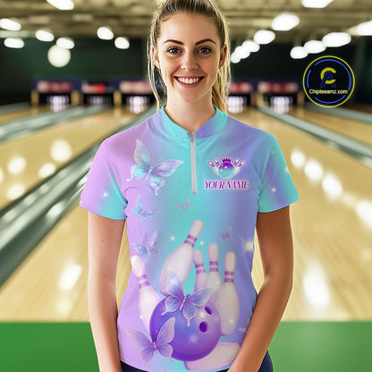 Custom Neon Butterfly Bowling Jersey for Women Bowling Team Shirts Bowling League Polo & 1/4 Zip HNT172