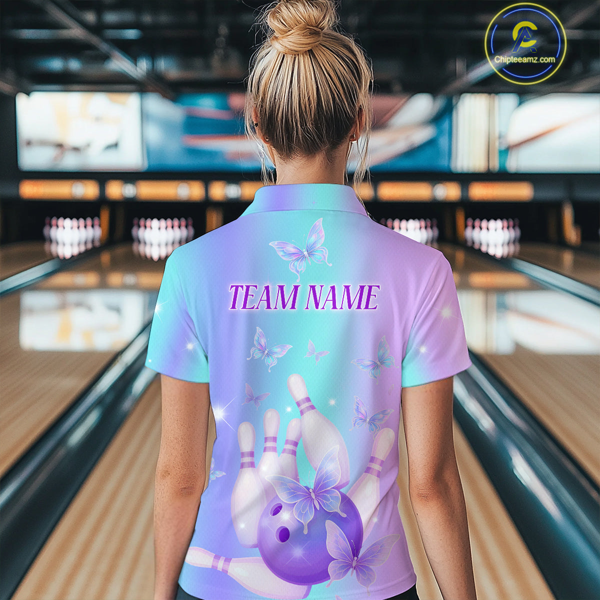 Custom Neon Butterfly Bowling Jersey for Women Bowling Team Shirts Bowling League Polo & 1/4 Zip HNT172
