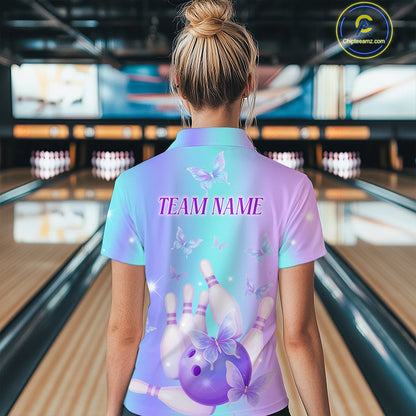 Custom Neon Butterfly Bowling Jersey for Women Bowling Team Shirts Bowling League Polo & 1/4 Zip HNT172