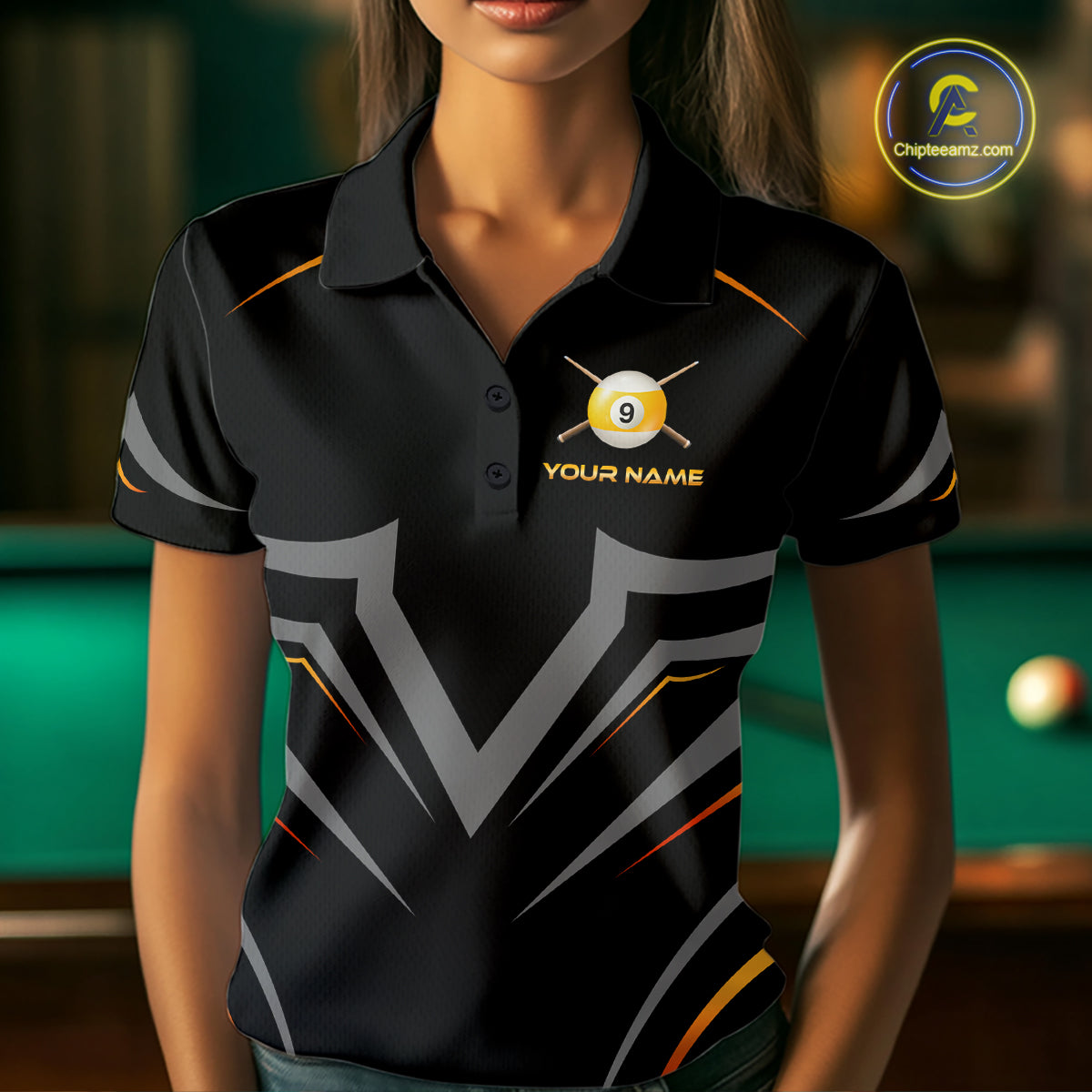 Custom Black and Gold 9 Ball Pool Billiard Shirt for Women Polo & 1/4 Zip Billiard Team Jerseys NNT158