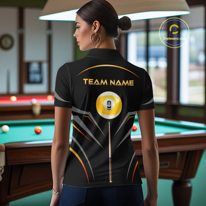 Custom Black and Gold 9 Ball Pool Billiard Shirt for Women Polo & 1/4 Zip Billiard Team Jerseys NNT158