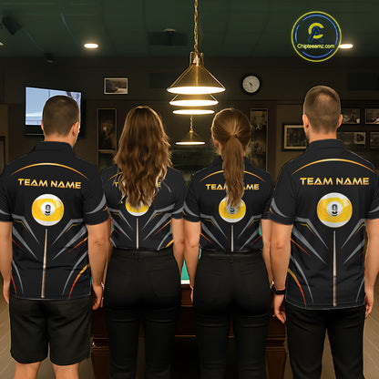 Custom Black and Gold 9 Ball Pool Billiard Shirt for Men Polo & 1/4 Zip Billiard Team Jerseys NNT158