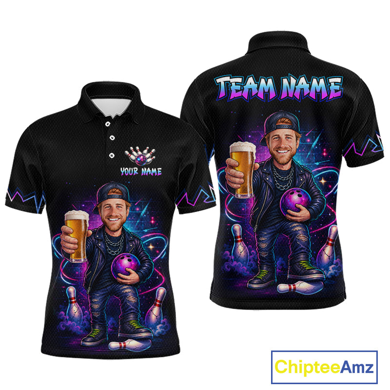 Custom Photo Funny Beer Galaxy Bowling Jersey for Men Bowling Team Shirts Polo & 1/4 Zip HNT312