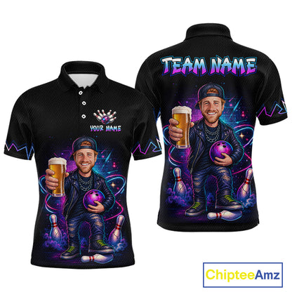 Custom Photo Funny Beer Galaxy Bowling Jersey for Men Bowling Team Shirts Polo & 1/4 Zip HNT312