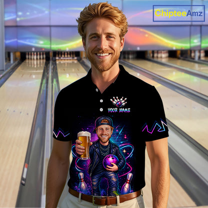 Custom Photo Funny Beer Galaxy Bowling Jersey for Men Bowling Team Shirts Polo & 1/4 Zip HNT312