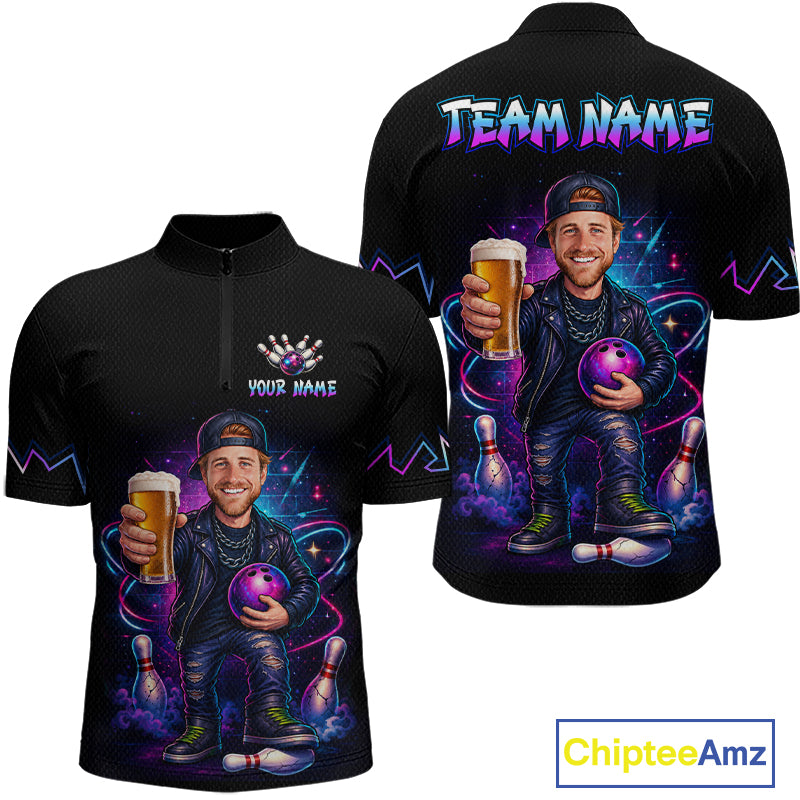 Custom Photo Funny Beer Galaxy Bowling Jersey for Men Bowling Team Shirts Polo & 1/4 Zip HNT312