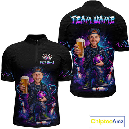Custom Photo Funny Beer Galaxy Bowling Jersey for Men Bowling Team Shirts Polo & 1/4 Zip HNT312