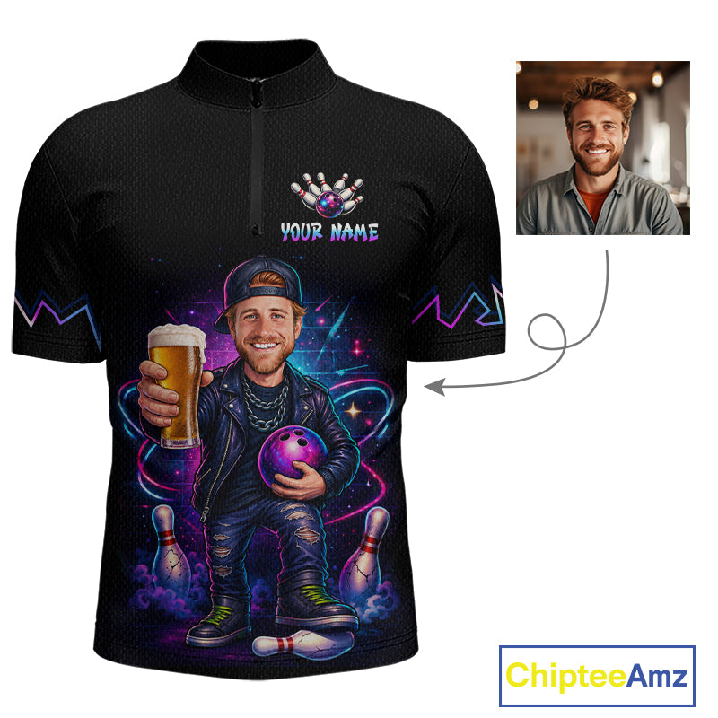 Custom Photo Funny Beer Galaxy Bowling Jersey for Men Bowling Team Shirts Polo & 1/4 Zip HNT312