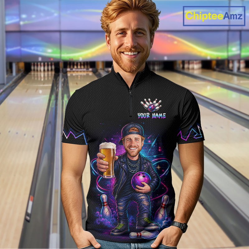 Custom Photo Funny Beer Galaxy Bowling Jersey for Men Bowling Team Shirts Polo & 1/4 Zip HNT312