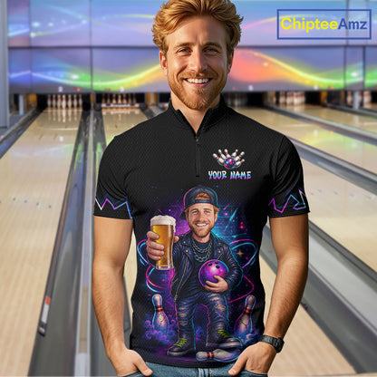 Custom Photo Funny Beer Galaxy Bowling Jersey for Men Bowling Team Shirts Polo & 1/4 Zip HNT312