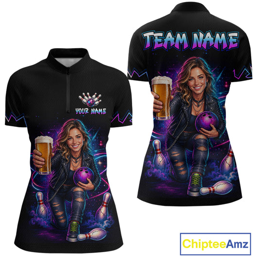 Custom Photo Funny Beer Galaxy Bowling Jersey for Women Bowling Team Shirts Polo & 1/4 Zip HNT312
