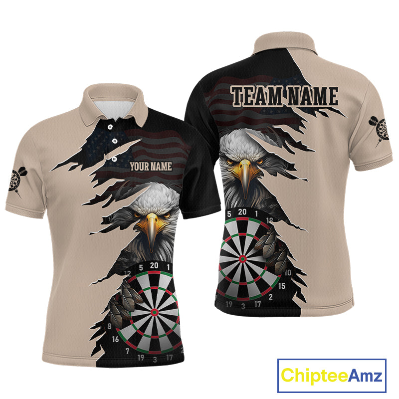 Front and back views of a beige and black darts polo featuring a bald eagle, torn-flag graphics, dartboard designs, and custom team text.