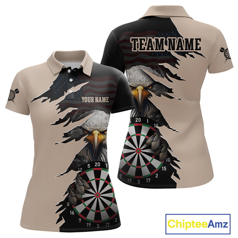 Front and back views of a beige and black darts polo featuring a bald eagle, torn-flag graphics, dartboard designs, and custom team text.