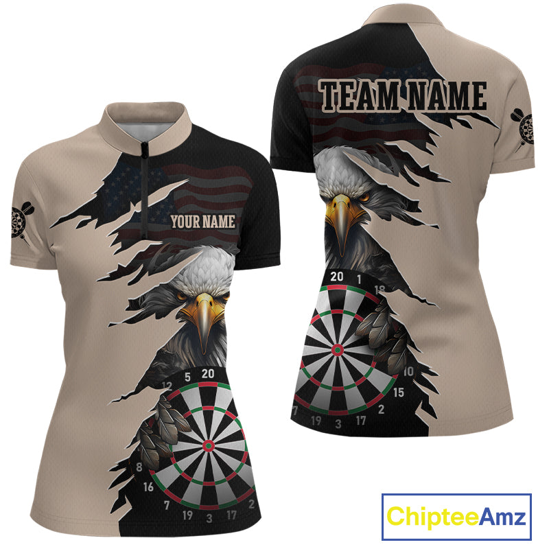 Front and back views of a beige and black darts quarter zip featuring a bald eagle, torn-flag graphics, dartboard designs, and custom team text.