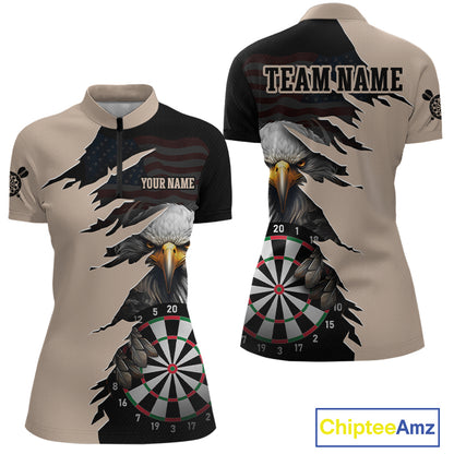 Front and back views of a beige and black darts quarter zip featuring a bald eagle, torn-flag graphics, dartboard designs, and custom team text.