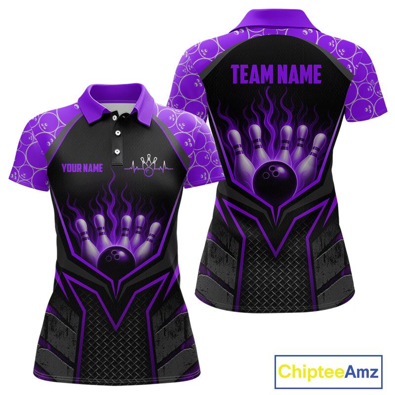 Black and purple bowling shirt with customizable text on a white background