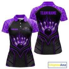Load image into Gallery viewer, Black and purple bowling shirt with customizable text on a white background