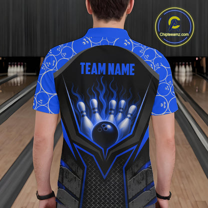 Person wearing a blue and black bowling shirt with 'Team Name' on a bowling alley background