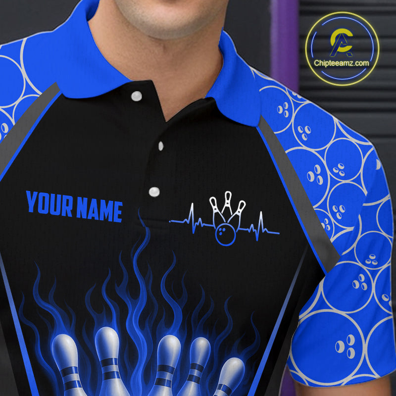 Black and blue bowling-themed polo shirt with personalized name option.