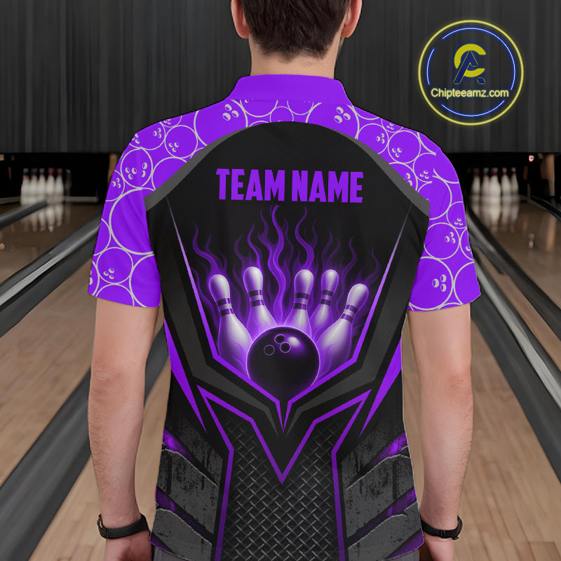 Person wearing a purple and black bowling shirt with a design and 'Team Name' text on a bowling alley background.