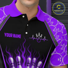 Load image into Gallery viewer, Black and purple bowling shirt with personalized text on a dark background