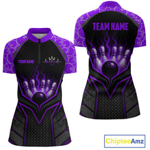 Load image into Gallery viewer, Black and purple bowling jersey with 'Team Name' and 'Your Name' text on a white background.