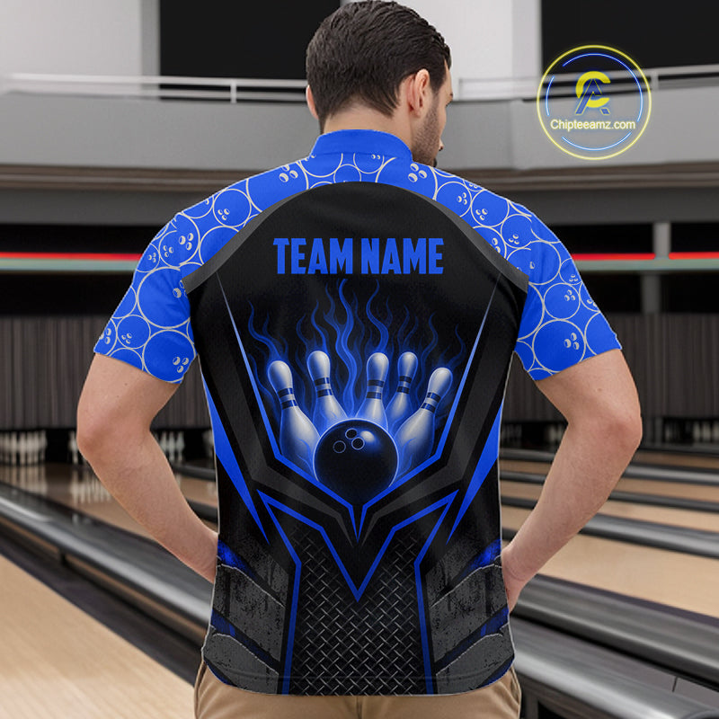 Person wearing a blue and black bowling jersey with 'TEAM NAME' text at a bowling alley.