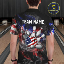 Load image into Gallery viewer, Person wearing a bowling shirt with American flag design and 'TEAM NAME' text in a bowling alley.