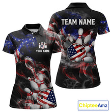 Load image into Gallery viewer, Front and back views of a black patriotic bowling polo with smoky flag graphics, custom team text, and an American flag bowling ball striking pins.