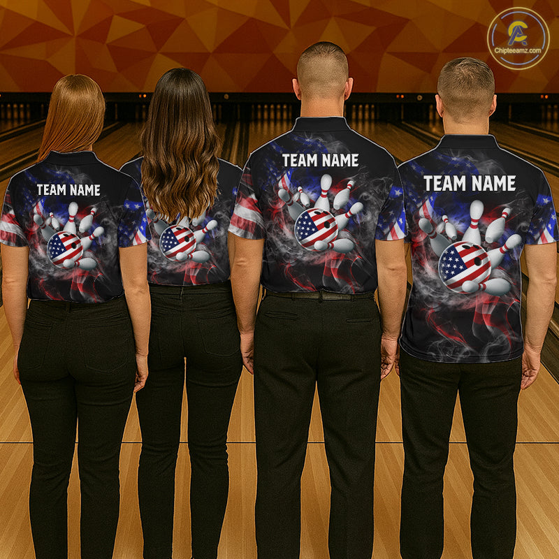 Four people wearing black patriotic bowling polo with smoky flag graphics, custom team text, and an American flag bowling ball striking pins.